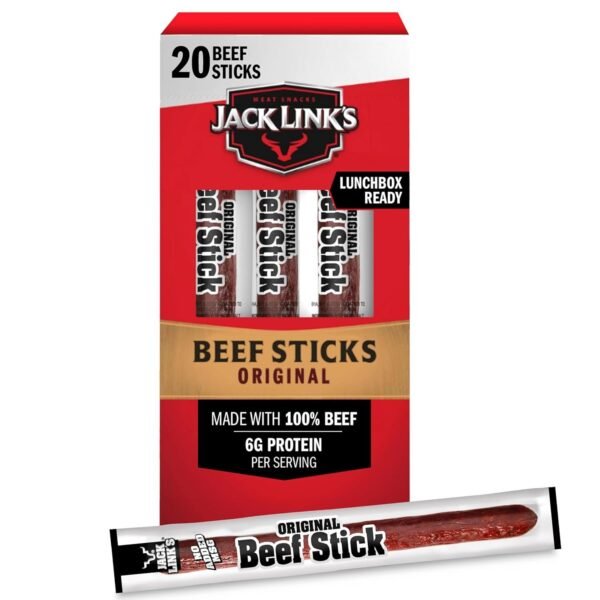 Jack Link's Beef Sticks. Original – Protein Snack with 6g of Protein per Meat Stick. Made with 100% Beef. Individually Wrapped Beef Snack Sticks – 0.9 oz (Pack of 20)