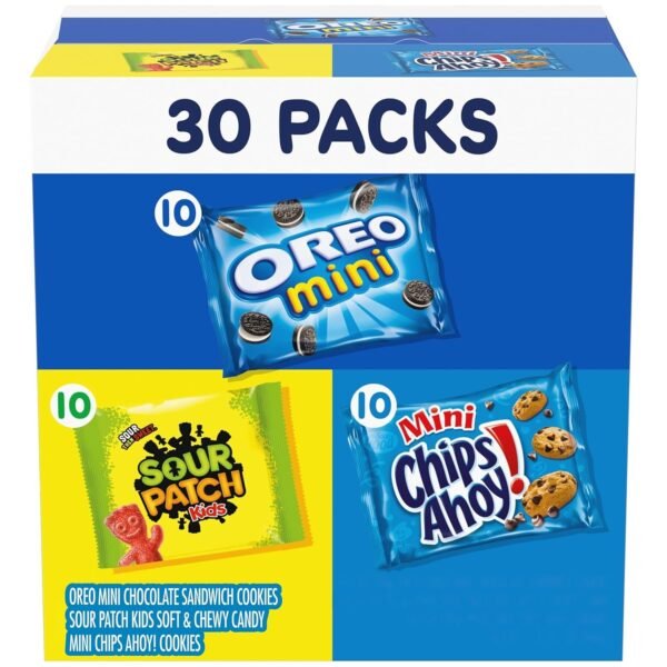 Nabisco Cookies & Candy Variety Pack. SOUR PATCH KIDS Candy. OREO Mini Cookies. and Mini CHIPS AHOY! Cookies. 30 Snack Packs